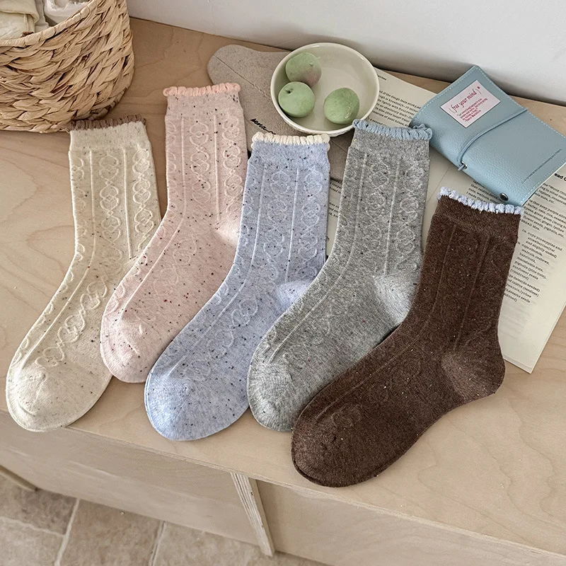 Heart Cable Knit Mid-Calf Socks for Women Fall Winter  Style Color Block Lace Trim Slouchy Crew Socks Seamless Comfy Calf Sock