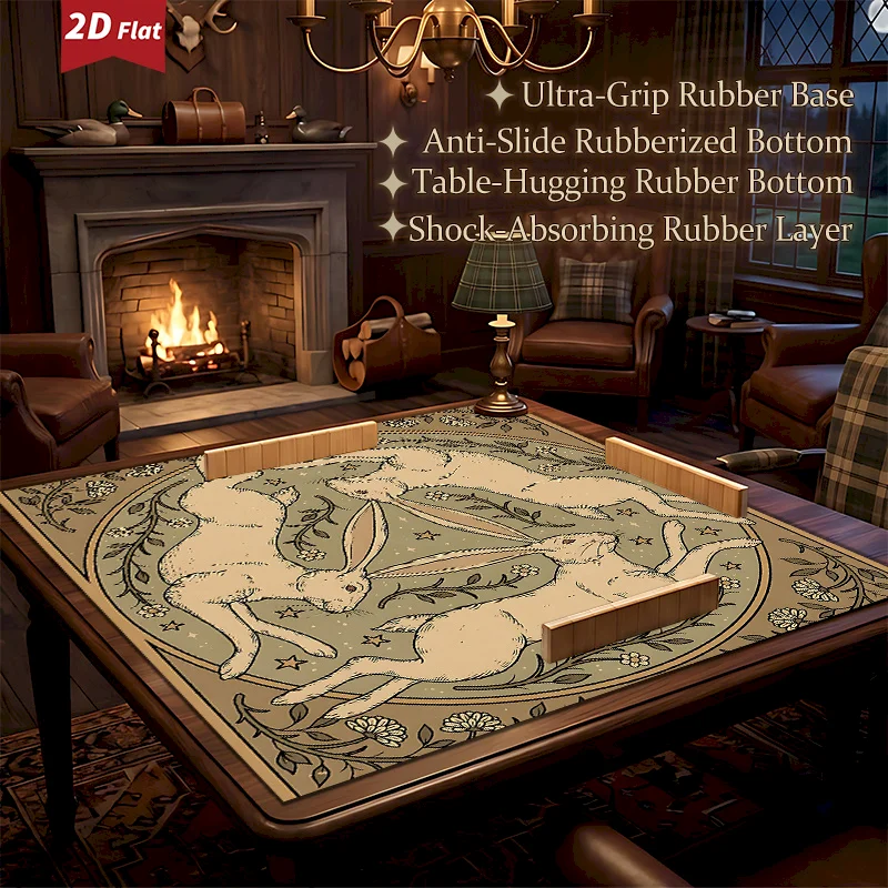 VIKAMA Retro Rabbit Star Flower Art Printed Mahjong Table Mat Anti Slip Noise Reduction Absorbent Mat Home Decoration