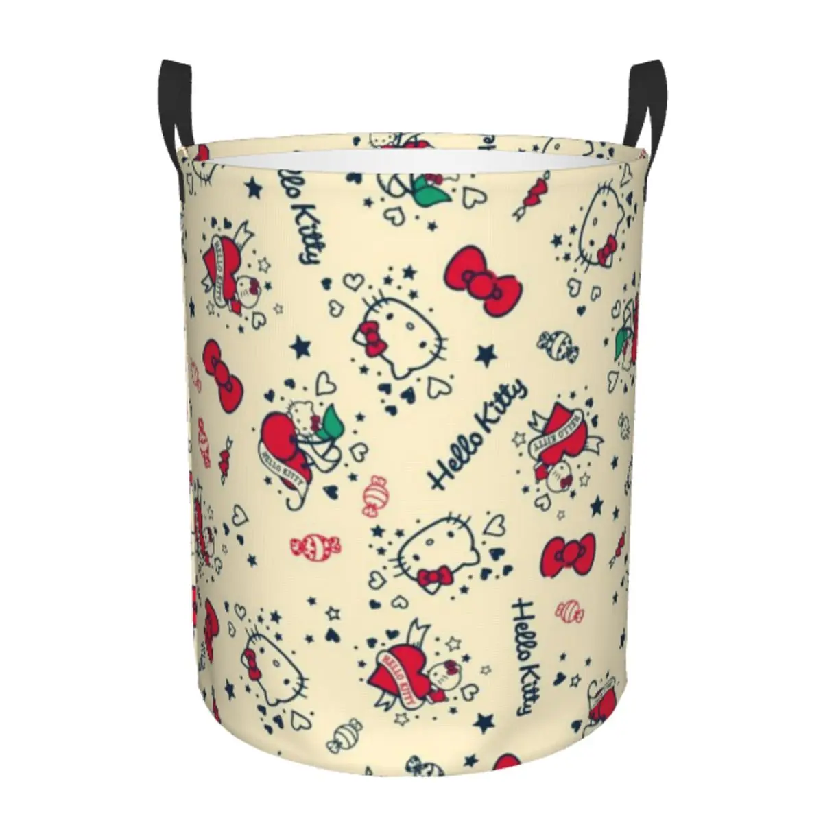 Breathable Round Laundry Hamper Hello Kitty Single-Layer Dirty Clothes Basket with Easy-Care Fabric for Home Organization