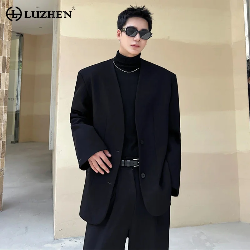 

LUZHEN 2024 Spring New Fashion Korean Elegant Blazers Coat Men Shoulder Pad Trendy Neckless Handsome Suit Jackets Clothes 89b0f3