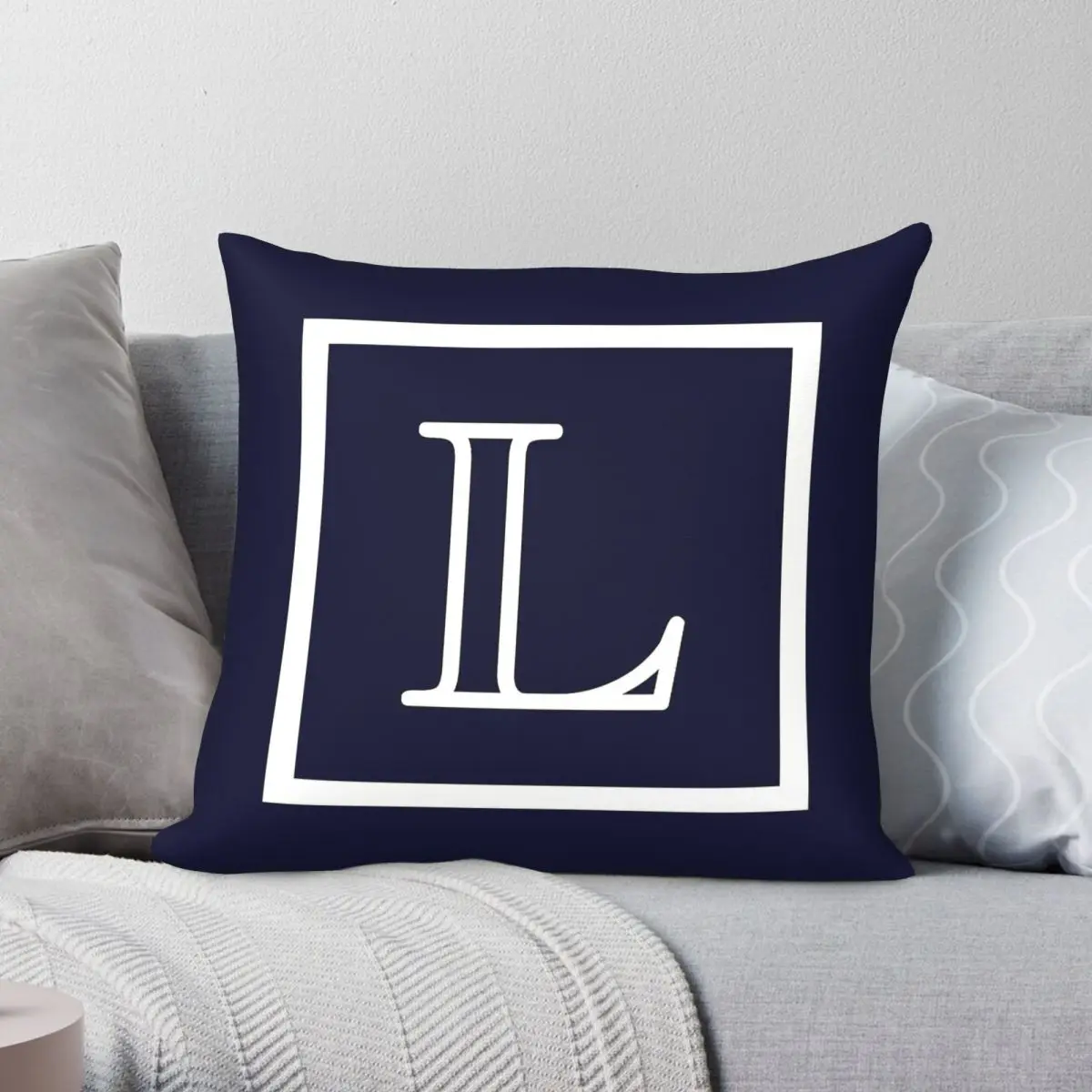 Navy Blue Monogram L Square Pillowcase Polyester Linen Velvet Pattern Zip Decorative Pillow Case Room Cushion Case