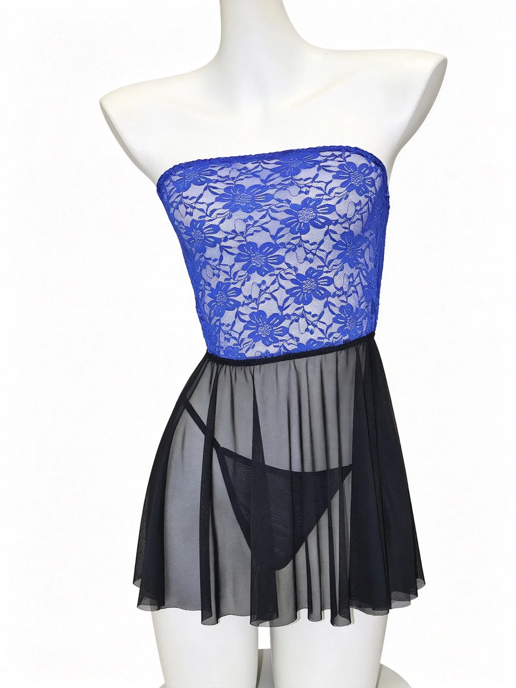 Women Tube Top Lingerie Dress, Strapless Blue Floral Lace Bodice Sheer Mesh Flowy Mini Nightdress