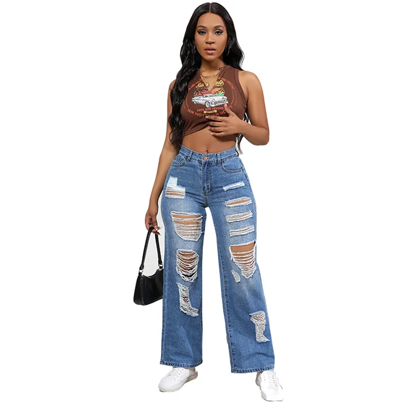 

Hot selling spring and autumn fashion high waist washed retro high quality wide leg women's ripped jeans women's trousers