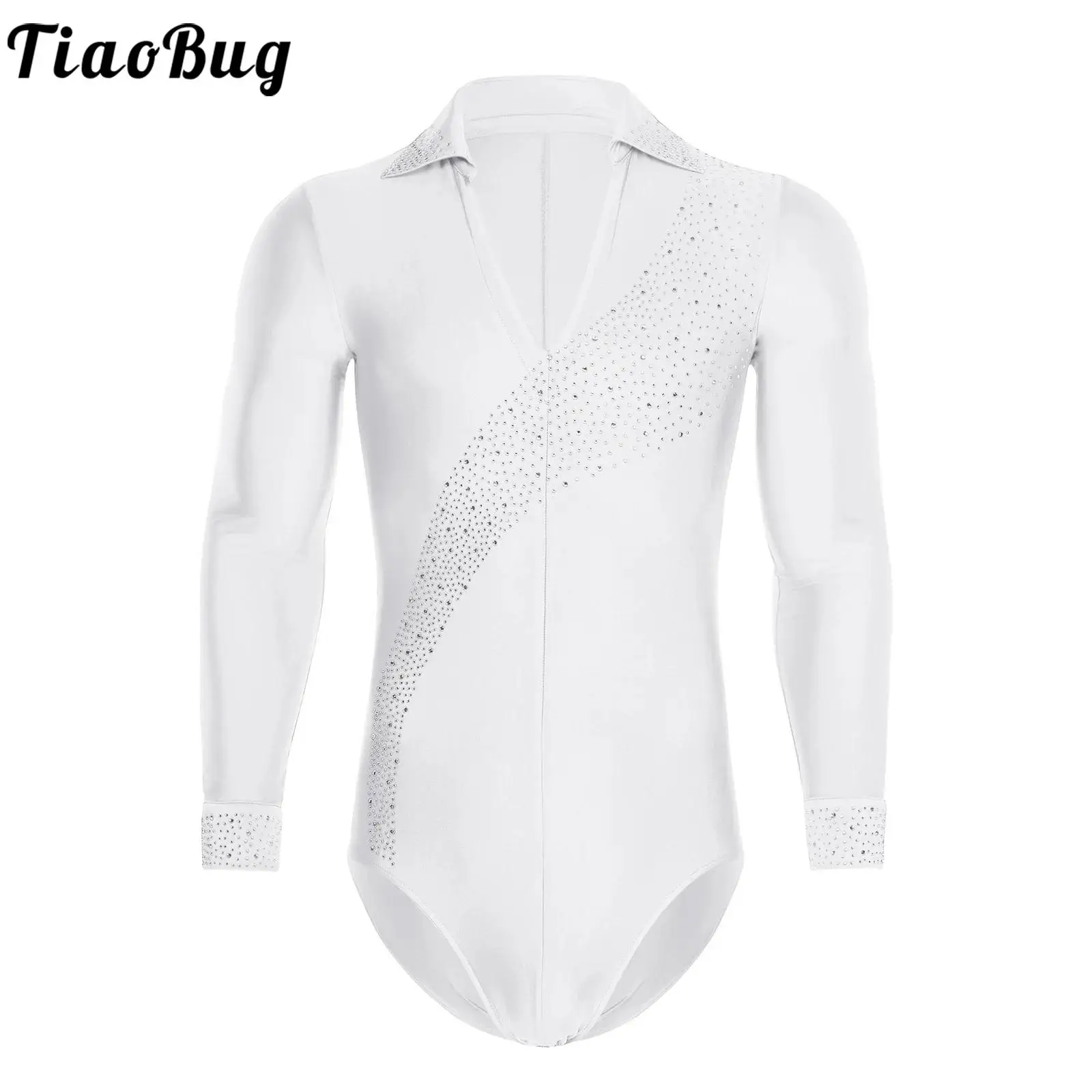 

Men Rhinestones Jazz Tango Dance Shirts Unitard Ballroom Modern Latin Tango Rumba Chacha Long Sleeve Leotard Bodysuit Dancewear