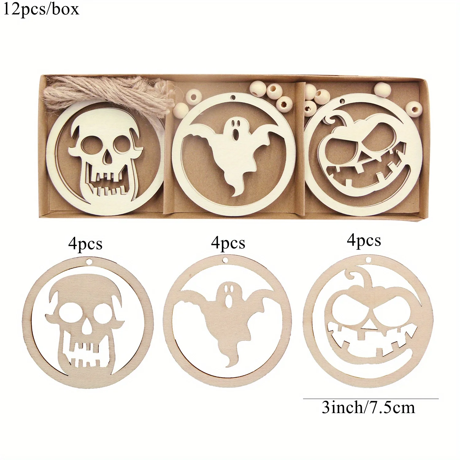 12PCS/Box Wooden Halloween Ornament Witch/Bat/Ghost Hanging Pendants for Happy Halloween Party Decorations DIY Painting Gifts