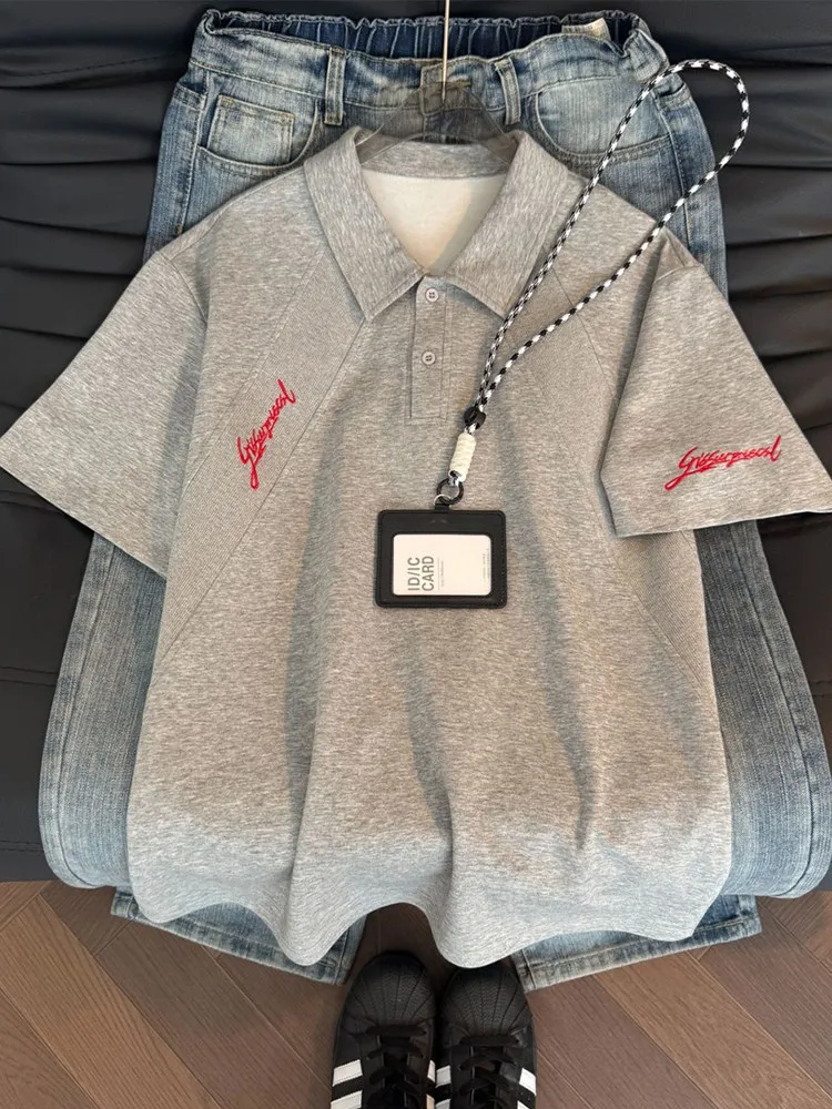 American Style Spliced Slant Cut Embroidered  Shirt Men Short Sleeve Well Shoulder Turn Collar Heavy T Shirt Sport Cleanf...