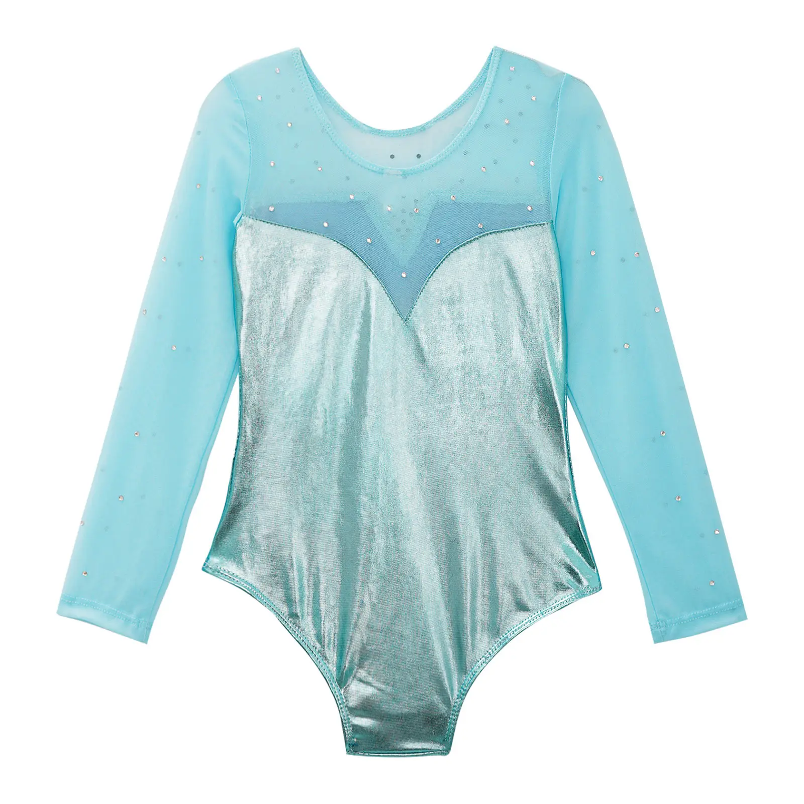 Kids Girls Rhinestone Gymnastics Ballet Dance Leotard Figure Skating Acrobatics Performance Costume Long Sleeve Mesh Bodysuit