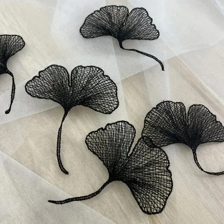 5Pcs Black White Lace Ginkgo Leaves Flower Embroidery Patch Appliques Repair