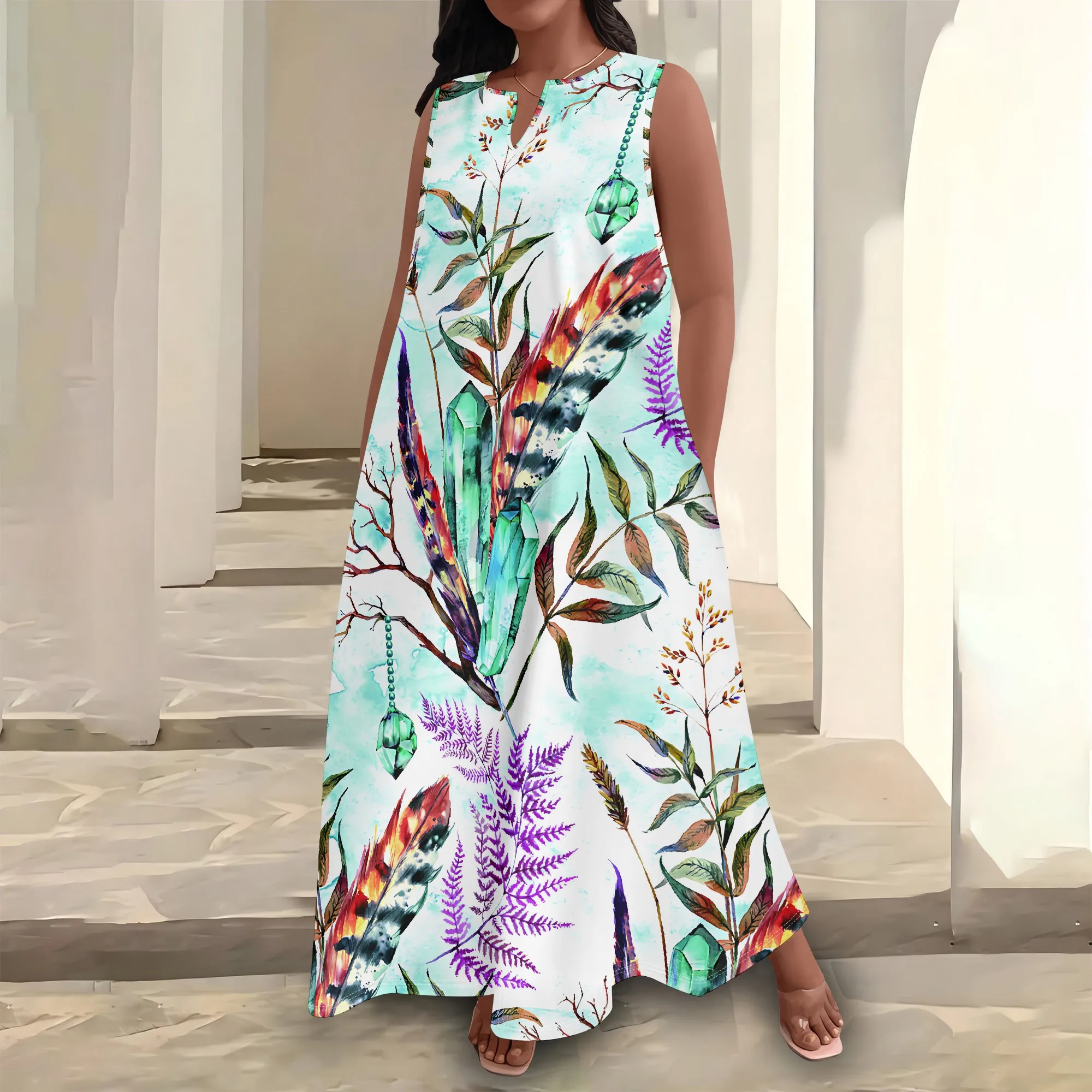 

Plus Size Women's Summerl Fashion Printed African Style Sleeveless Round V Neck Dress Loose And Casual Dress