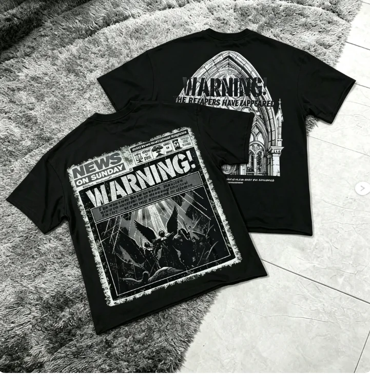 2026 Men Vintage Newspaper Warning Graphic T Shirt Gothic Cathedral Angel Back Print Crewneck Tee