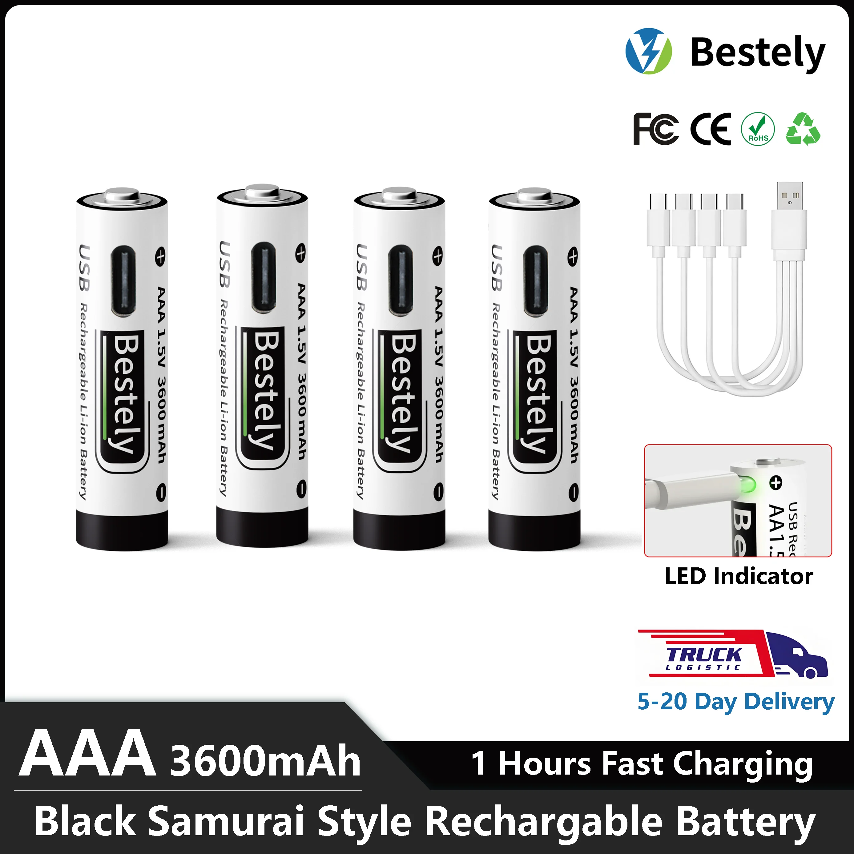 AAA Battery Rechargeable Li-Ion 1.5V 3600mAh 2000 Cycles USB-C Fast Charging Long-Lasting with Free USB-C Cable