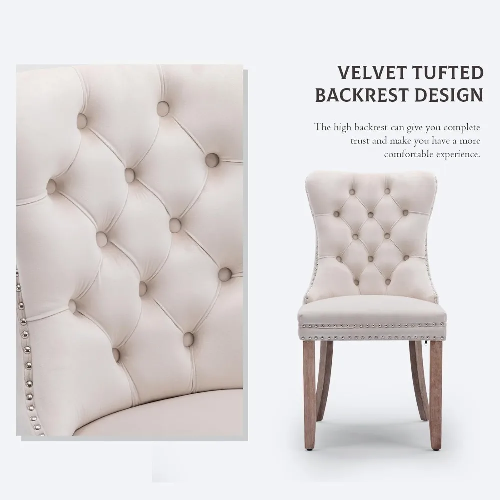 طقم كراسي طعام مخملية مكون من 6 كراسي منجدة لغرفة الطعام مع كراسي جانبية للمطبخ مع زخرفة رأس الأظافر وأرجل خشبية