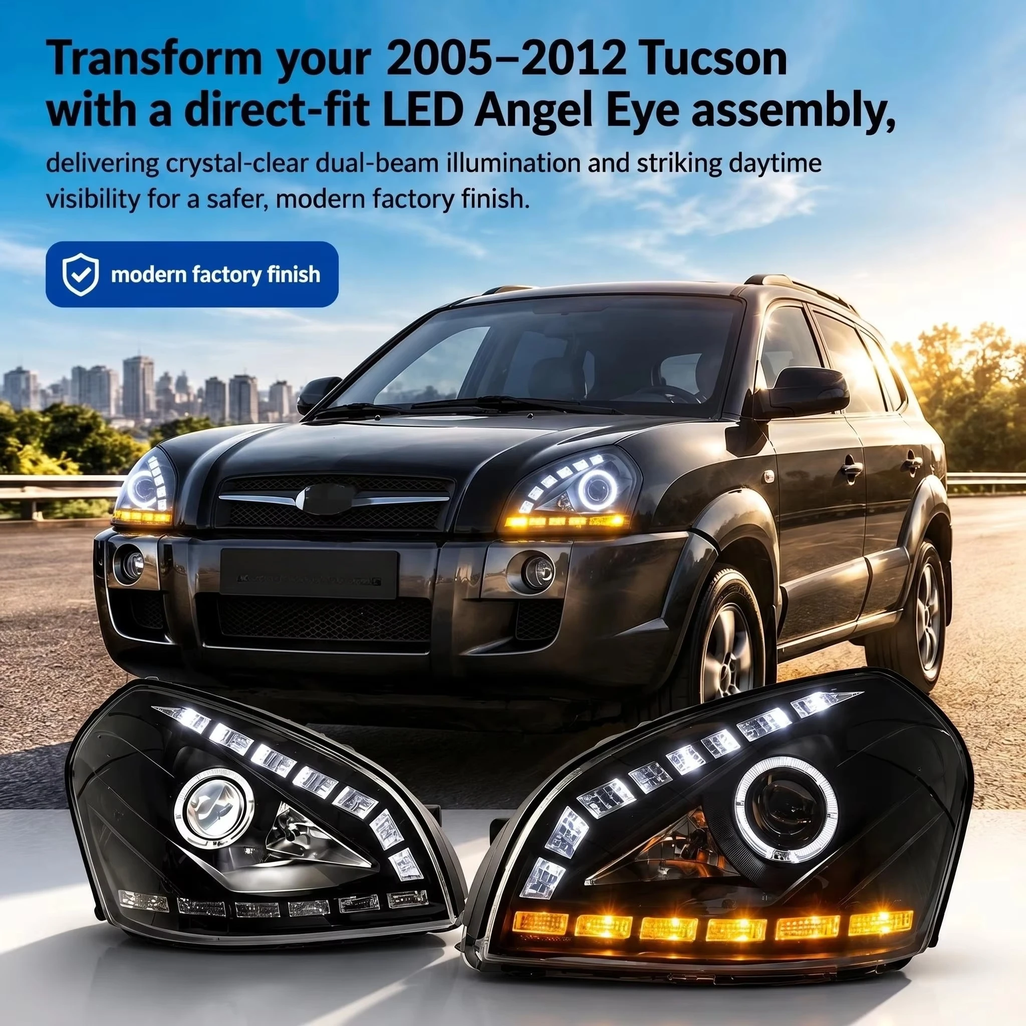 Modified Xenon Headlight Assembly For Hyundai Tucson 2005-2012, Dual Beam Lens, LED DRL Front Lamp