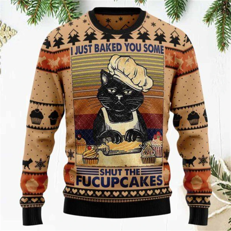 Funny Cat Graphic Ugly Christmas Sweater For Men Fashion Autumn Winter 3D Printed Xmas Sweatshirt Loose Breathable Pullovers