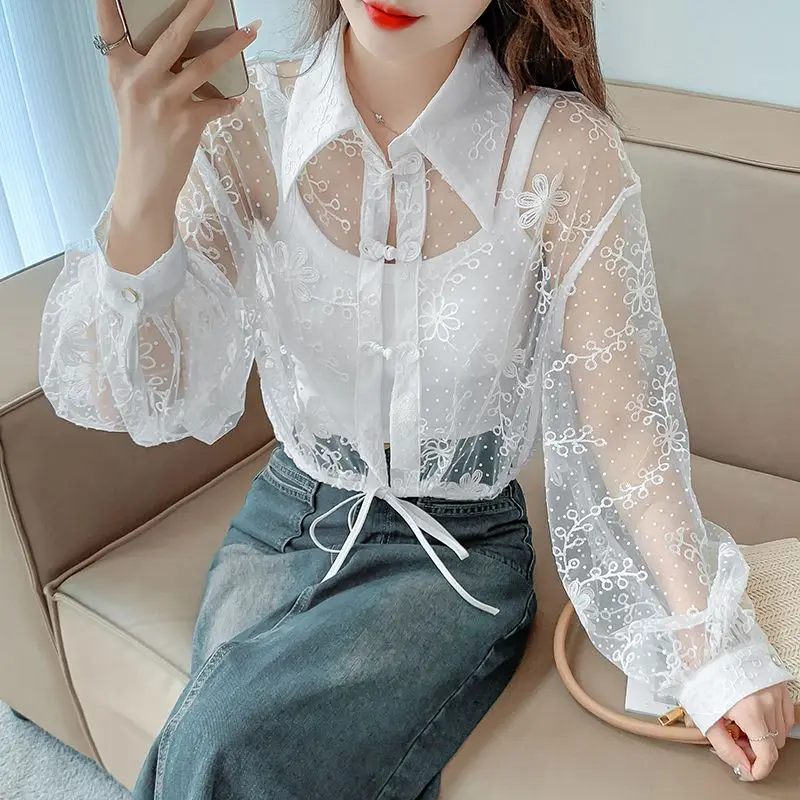 Women\'s Vintage Chinese Style Lace Long Sleeve Sunscreen Shirt Summer Sexy See Through Sweet Chic Blouse Female Solid Loose Tops