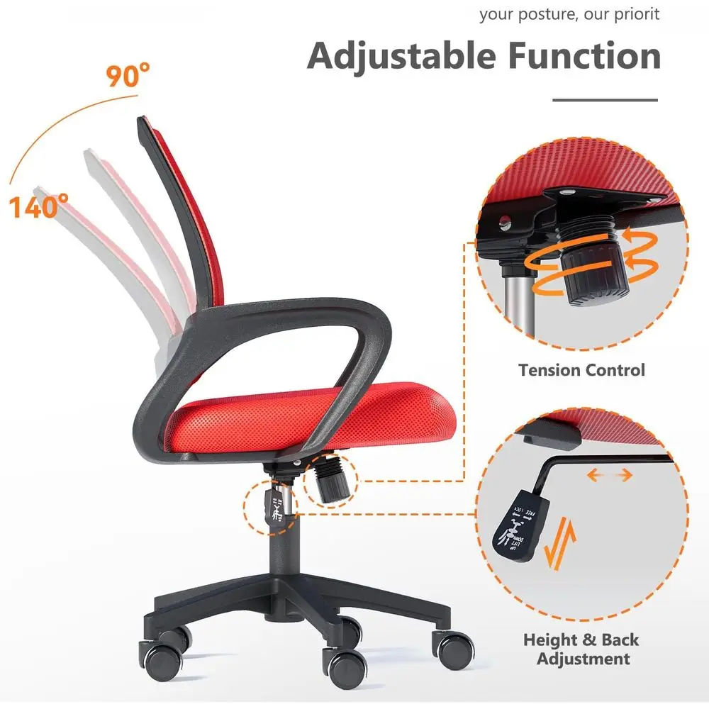 كراسي مكتب شبكية مريحة متوسطة الظهر مع دعم قطني، دوارة قابلة للتعديل، مساند للذراعين مريحة، أحمر، عبوتان