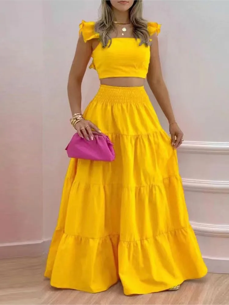 2025 الصيف الربيع Y2k قطعتين مجموعة امرأة جديدة أنيقة مثير الملابس الكولاج بلوزات بلا أكمام وتنورة طويلة الإناث 2 قطعة مجموعات