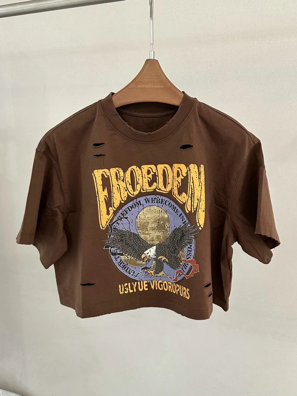 

American Hot Girl Style Cotton T-Shirt with Hole Hollow out Short Sleeve Women's Top Eagle Pattern Distressed Summer 2026