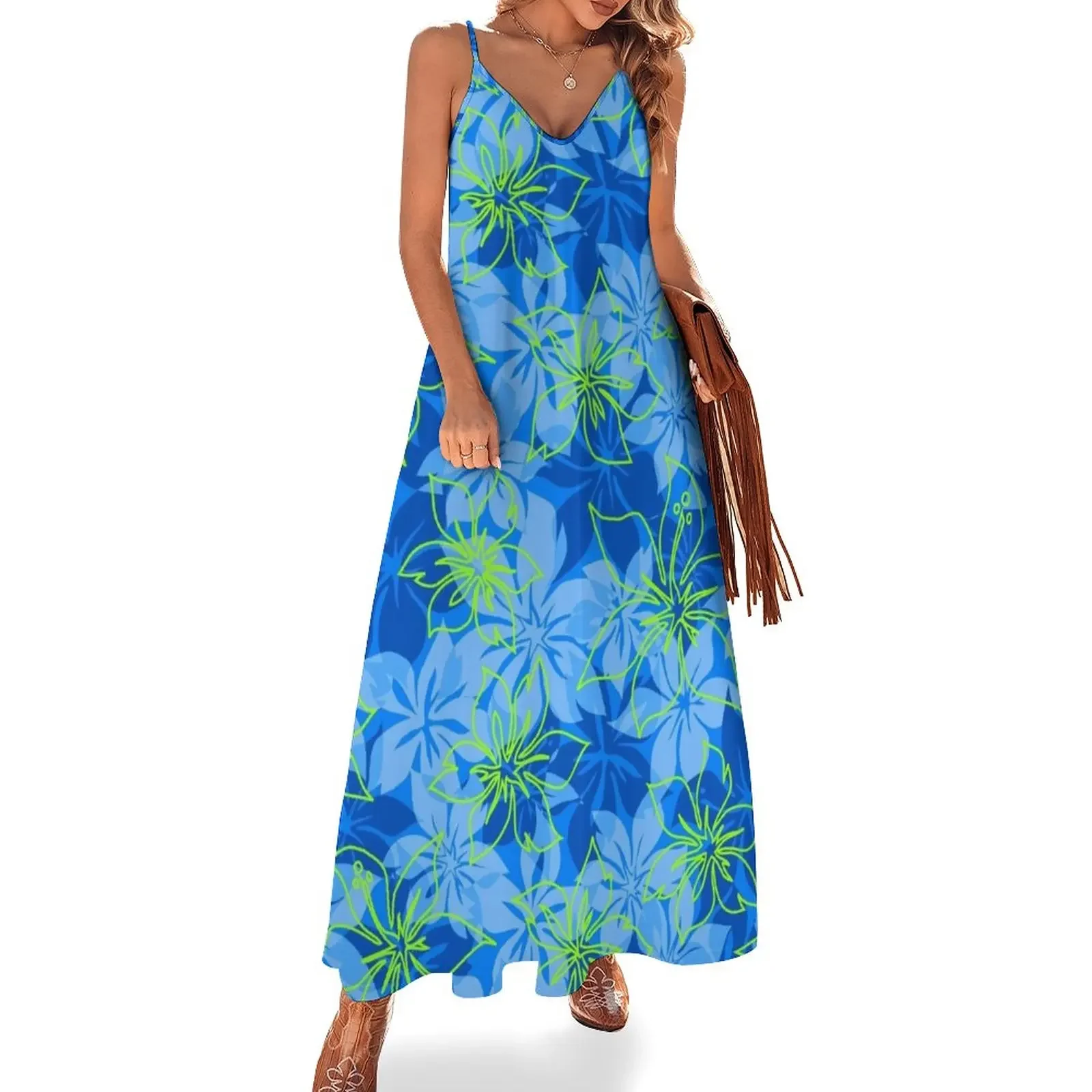 

Olowalu Hibiscus Hawaiian Aloha Shirt Print - Blue and Lime Sleeveless Dress dresses for prom sexy dress for women Dress