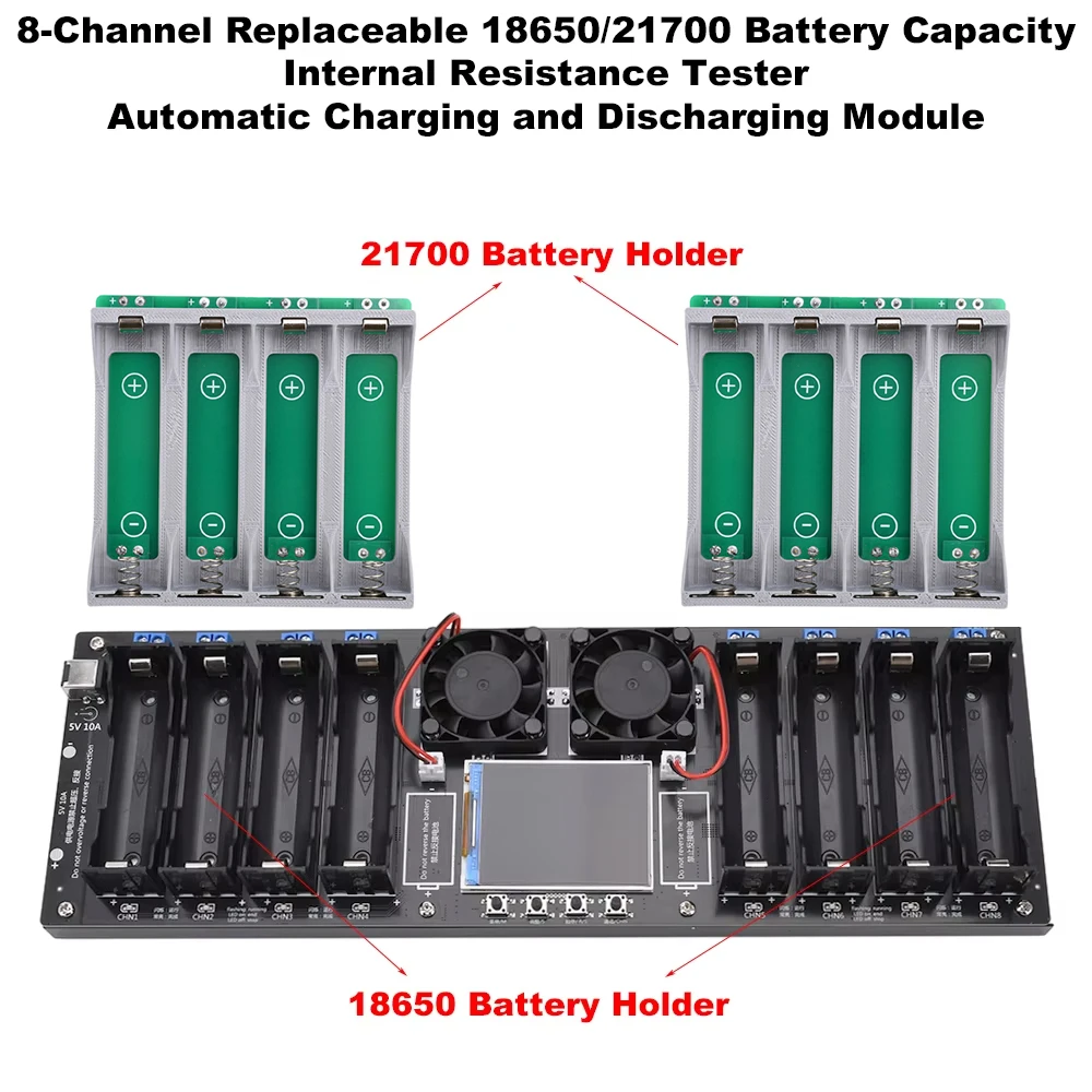 8-kanaals 21700 18650 lithiumbatterij Automatische laad-/ontlaadtester Capaciteit interne weerstandstester 2,4-inch kleurenscherm DC 5V