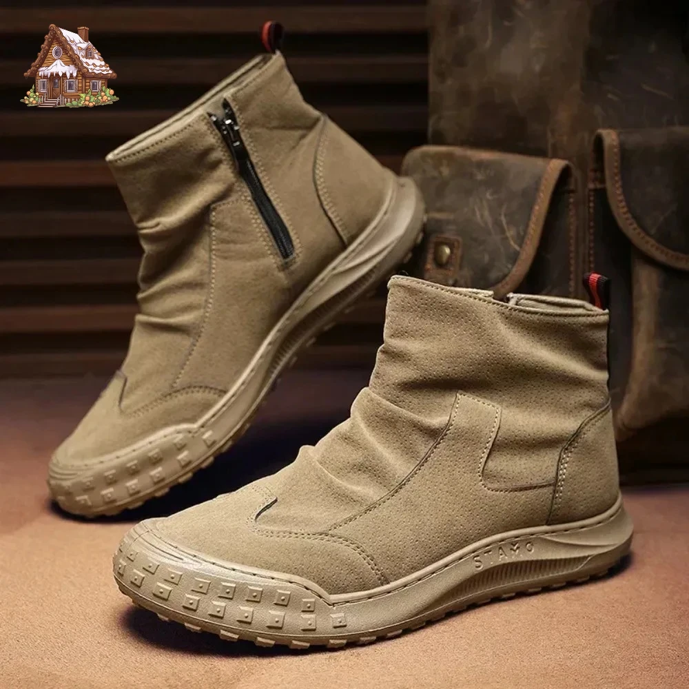 

Men's Boots High Cut Workwear Shoes Autumn New Zipper Pleated Non Slip Comfort Thick Soled Wear-resistant Fashion Flat Boots