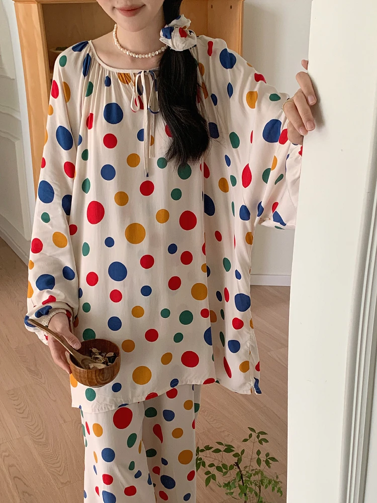 

Ladies Summer Retro round Ne Cotton Silk Spwear Long Sve Home Clothes Set Slimming Print Casual Comfortable Nightgown
