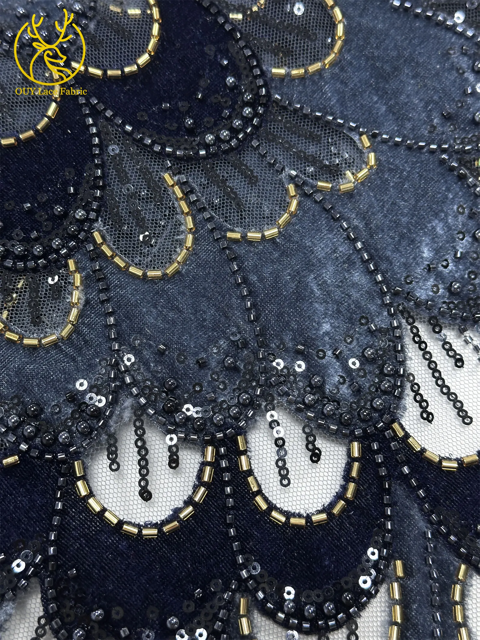 Marineblauer nigerianischer DIY handgefertigter bestickter Samtstoff mit Perlen und Pailletten, afrikanischer Spitzenstoff für Abend- und Hochzeitskleider – Detail 18