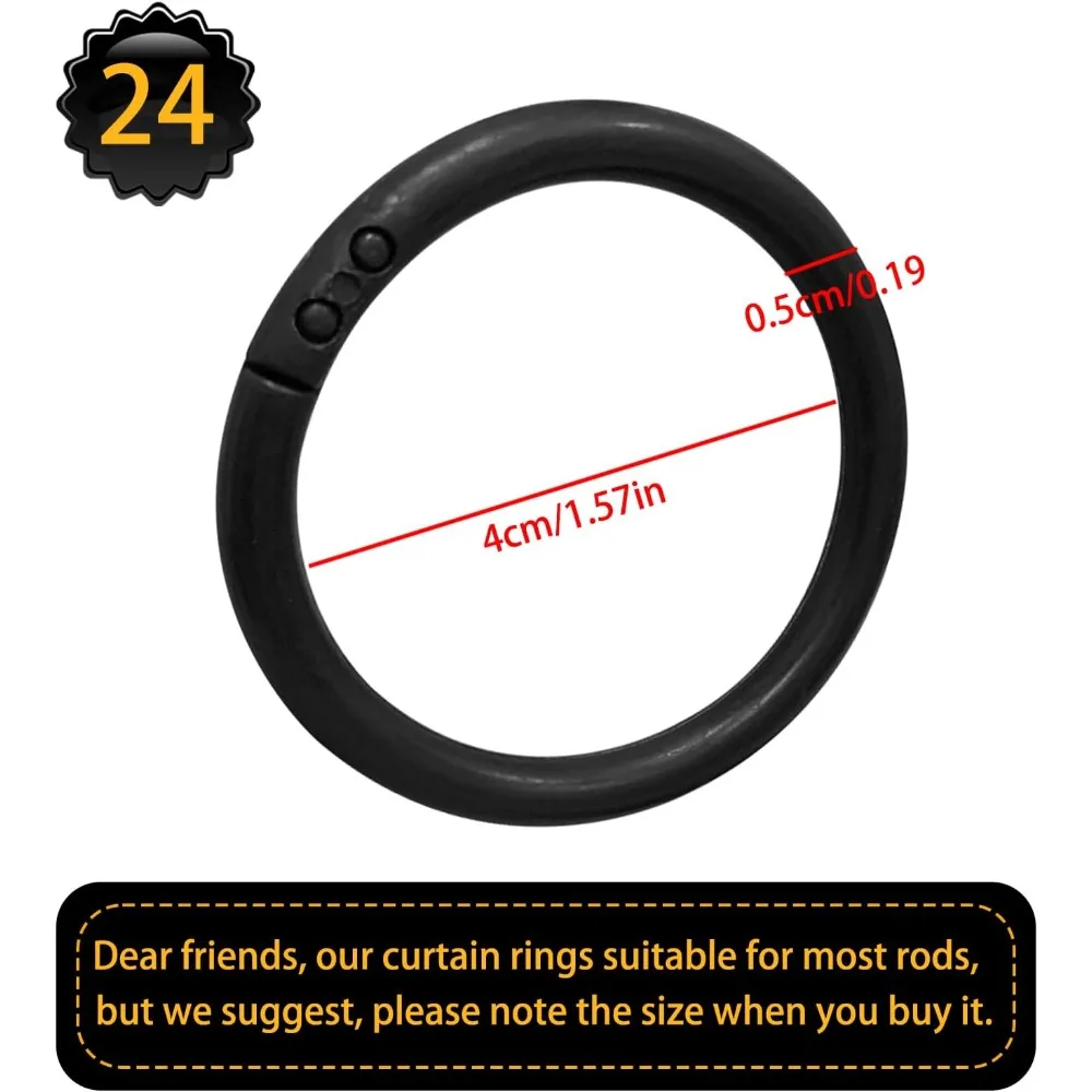 24 Pcs Black Shower Curtain Rings, Plastic Hooks for Bathroom Curtain Hanging, Universal Fit for Most Shower Curtains