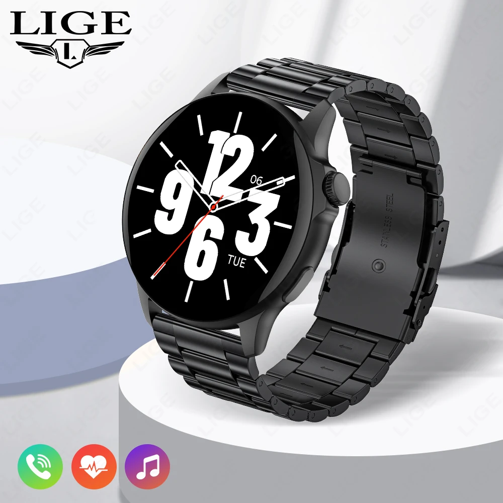 LIGE-Smartwatch de aço impermeável para homens, Full Circle Touch Screen, Bluetooth Call, Atividade esportiva, Relógios Fitness, 2024