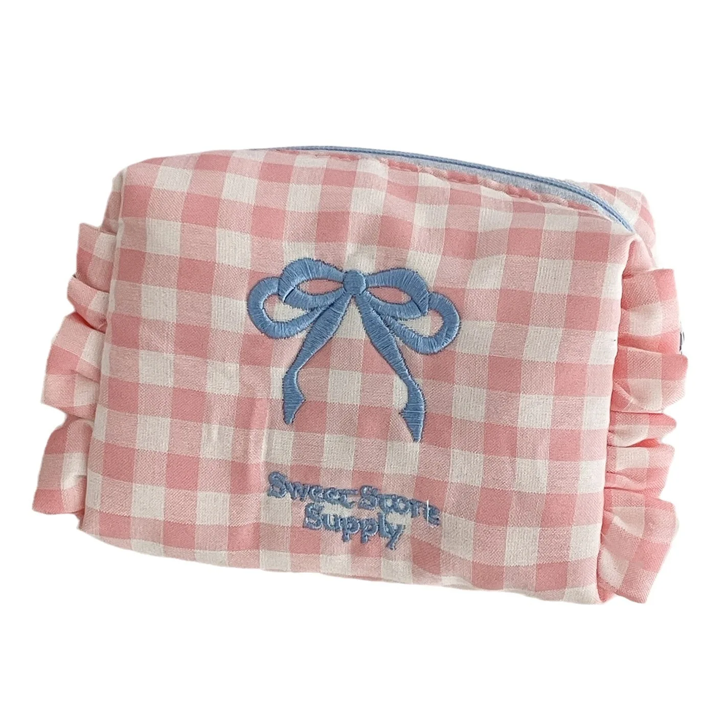 Checkered Bowknot Coin Purse - Sweet Student Style, Ruffled Embroidered, Portable Travel Storage/Toiletry Bag
