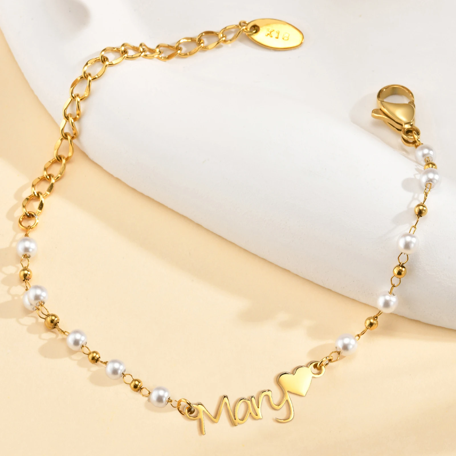 Customized Pearl Name Bracelet Waterproof Stainless Steel Personalized Script Nameplate Adjustable Chain