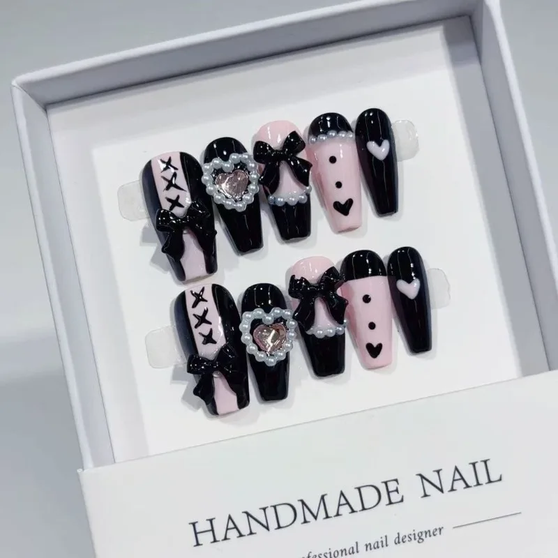 

10PCS Handmade Black Pink Contrast Nails Sweet Cool Millennium Hot Girl Y2K Style Press on Nails Niche Pearl Design False Nails