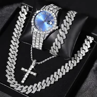 4 unids/set reloj de pulsera brillante para hombre y conjunto de collar de cadena cubana de Hip Hop-acentado con diamantes de imitación, esfera redonda, movimiento electrónico de cuarzo