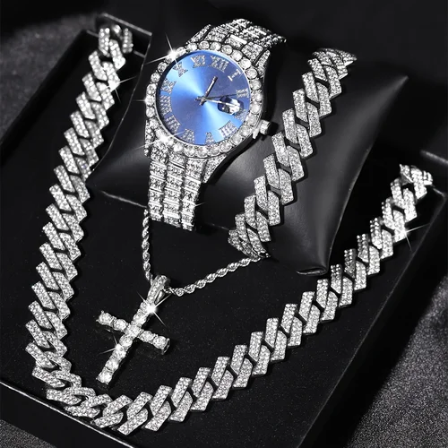 Imagen 1 del producto 4 unids/set reloj de pulsera brillante para hombre y conjunto de collar de cadena cubana de Hip Hop-acentado con diamantes de imitación, esfera redonda, movimiento electrónico de cuarzo