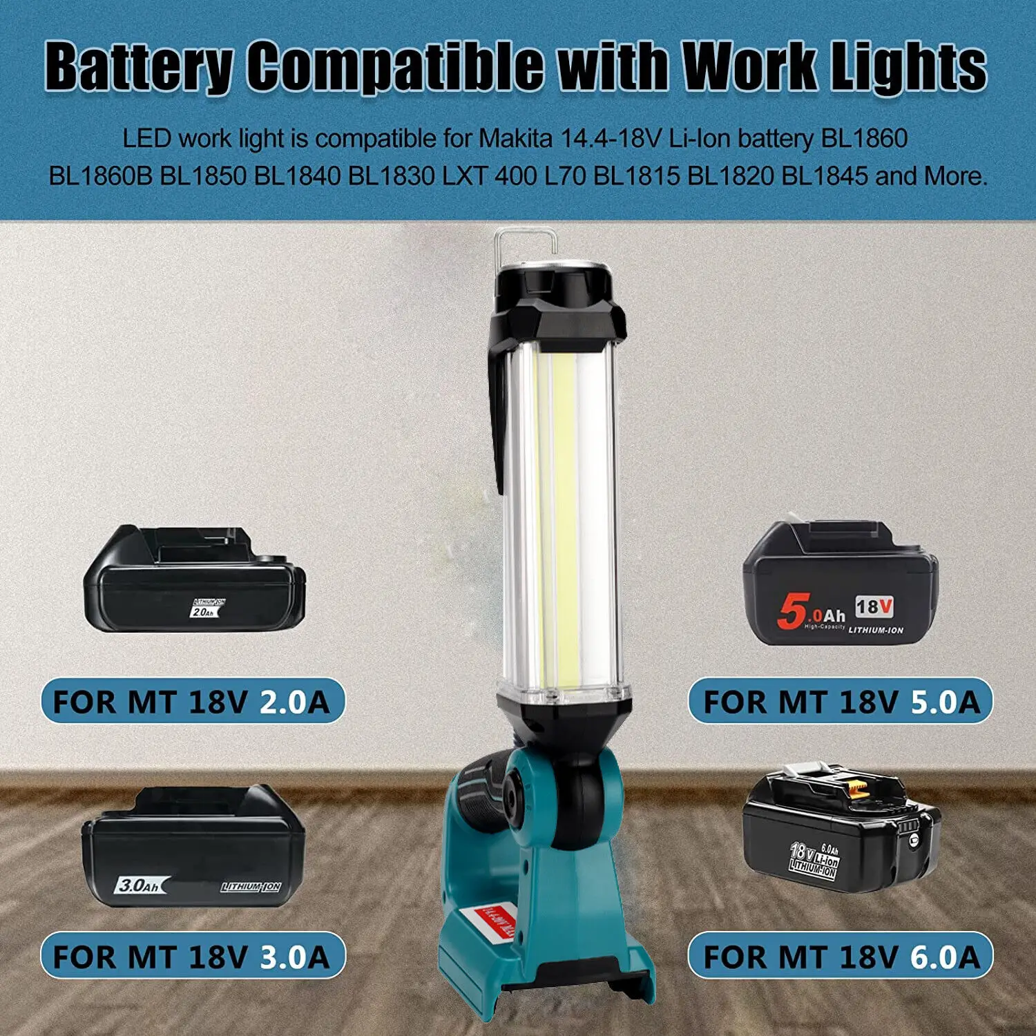 Led Work Light 2000lm for Makita 18V Lithium Battery Flashlight Cordless 35W Floodlight Spotlight Hook for Car Repairing Camping