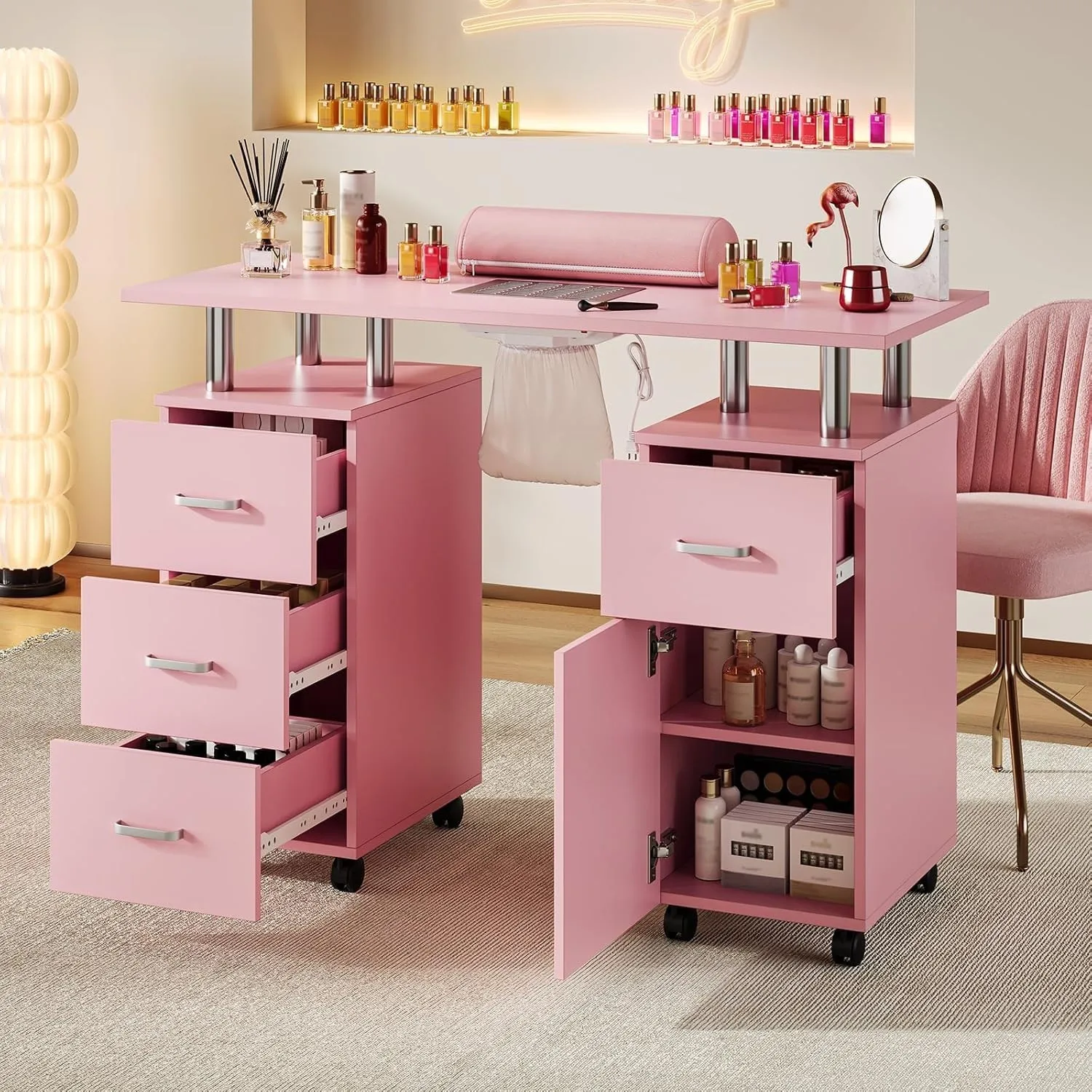 

Manicure Table Nail Station Nail Tech Table with Storage Cabinets, Drawers Salon