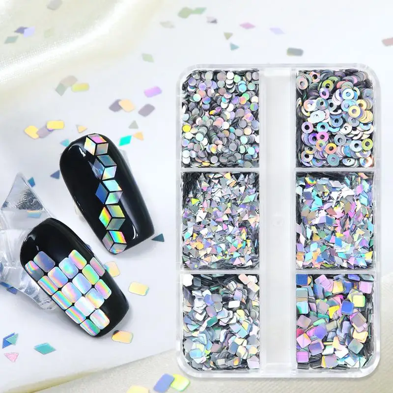 6 Grids Nail Enhancement Laser Nail Glitter Flash Geometric Patterns Nail Decoration Nail Charm DIY Manicure Tools