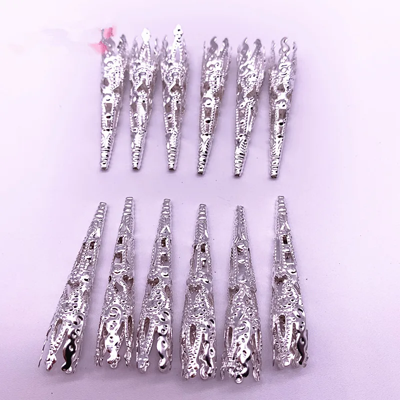 30pcs/lot 42 X8mm Plating Silver Colour Caps Bead Hollow Out Flower Bugle Filigree Bead End Cap Cone Jewelry Making Components