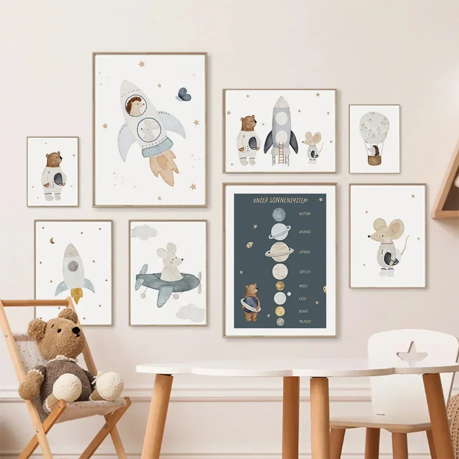 Boho Cartoon Space Astronauts Planet Posters Prints Bear Hedgehog Canvas Painting Wall Art Pictures Baby Kids Room Home Decor