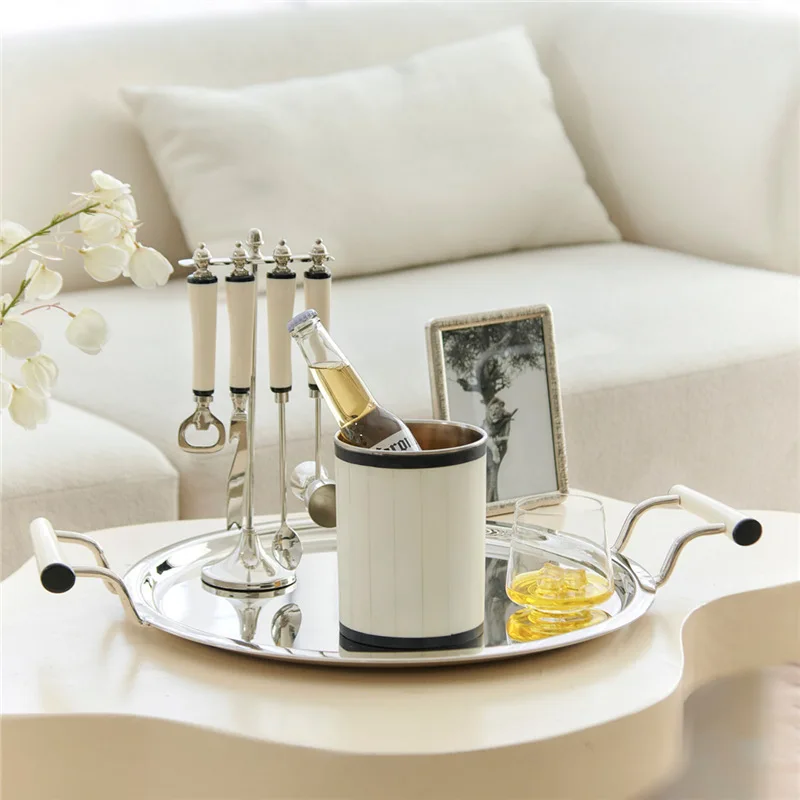 Indian beige beef bone handle stainless steel tray decorative barrel wine barrel, restaurant wine set ornament