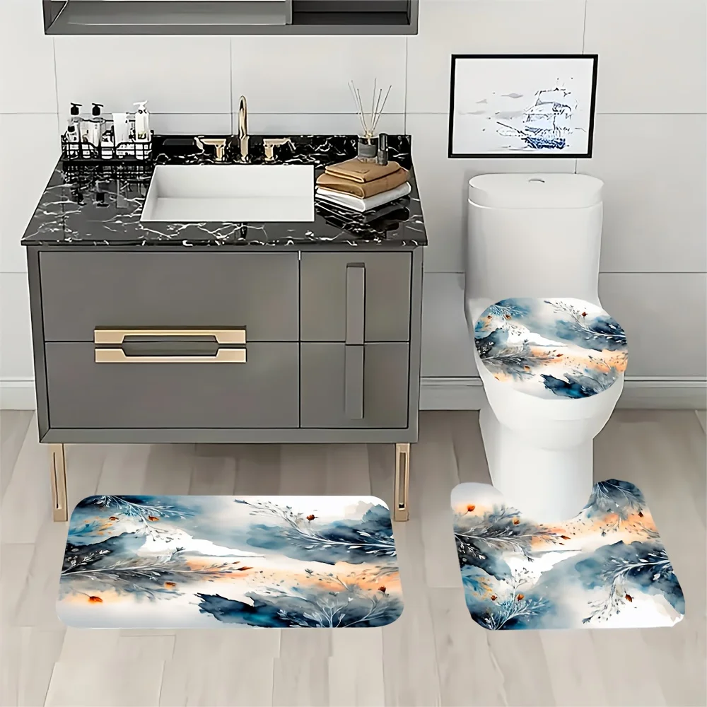 4pc Abstract watercolor landscape shower curtain set, including shower curtain, hooks, bathroom mat, U-shaped mat and toilet mat