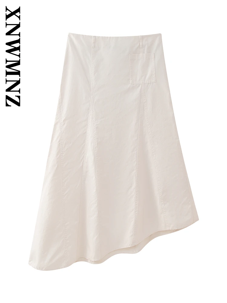 

XNWMNZ 2025 Summer New Lady Fashion Sexy midi Skirt Chic Simple Women Clothing Casual asymmetrical A-lineskirt Pockets
