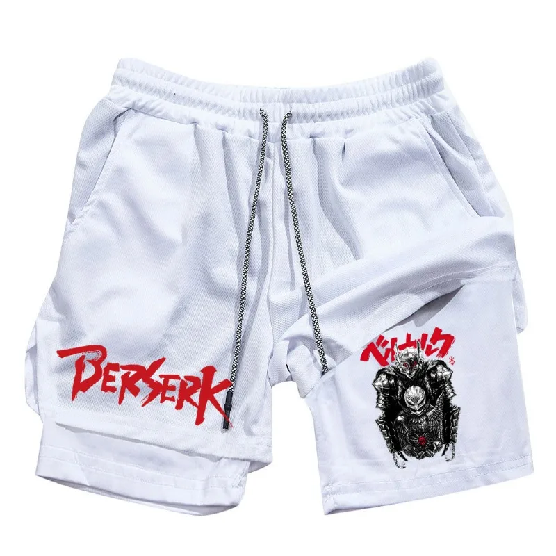 Japanese Comics Berserk Print Men's Running Tight Shorts New Fitness Double Layer Five Point Pants 2-in-1 Summer Sport Workout
