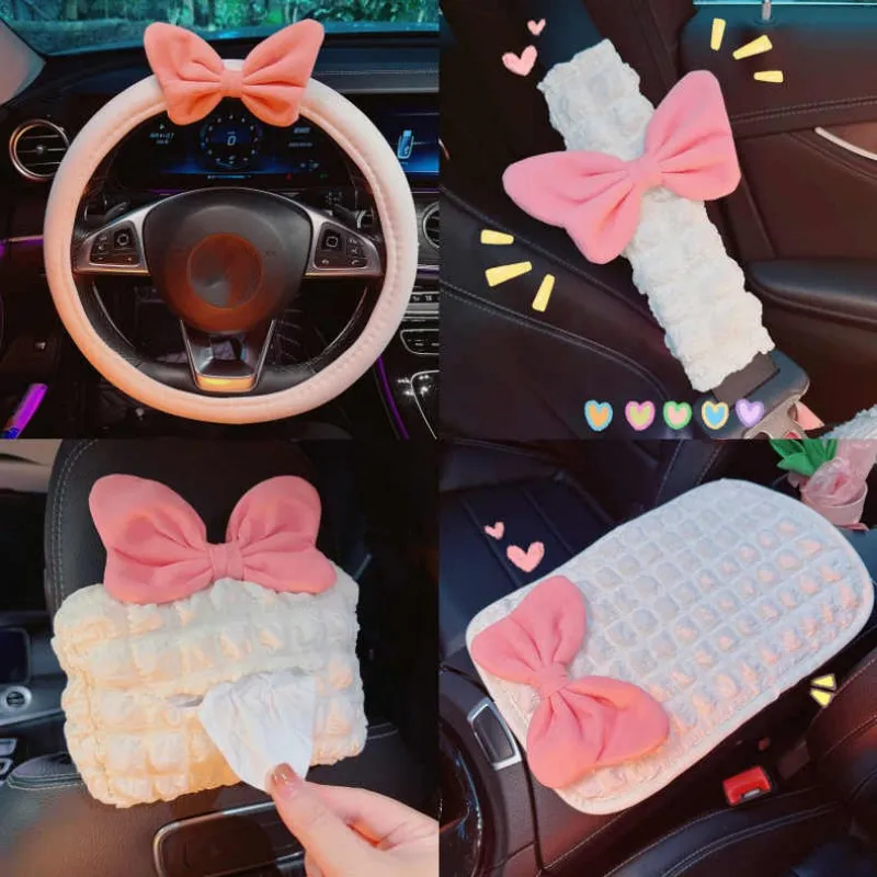 

Cute Pink Bow Car Shoulder Protector Summer Car Tissue Box Cover Seat Belt Armrest Decorations Interior Car Decorations Pink