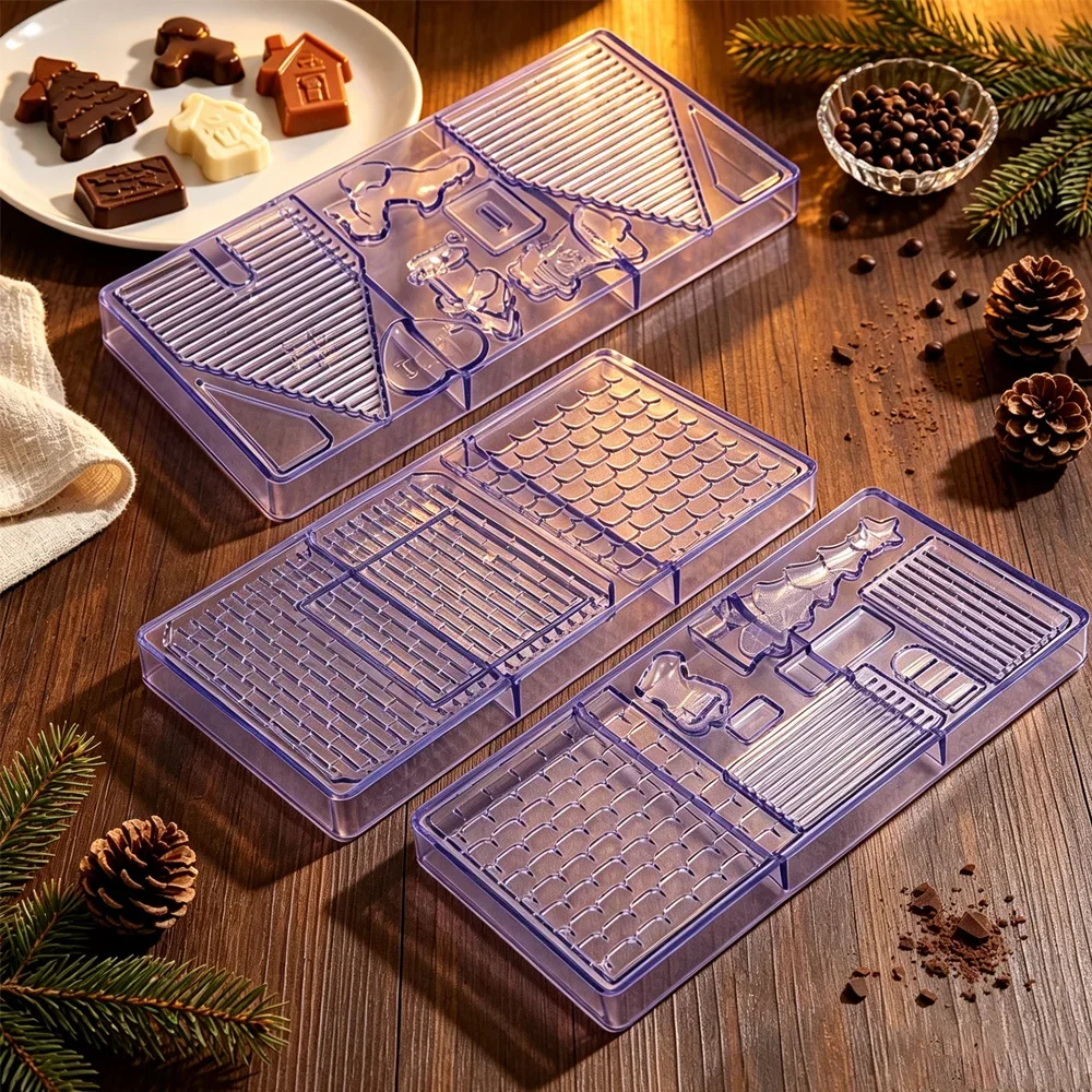 Christmas Polycarbonate Chocolate Mold, House Tree Bell Santa Heart Patterns, Clear DIY Xmas Hard Candy Dessert Baking Tool