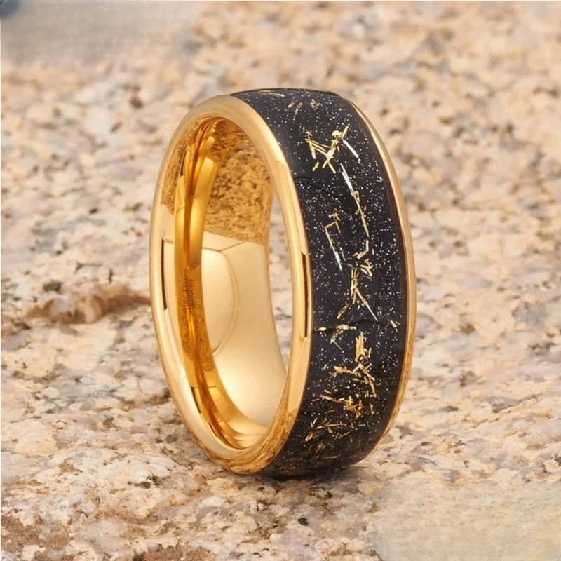 Tungsten Wedding Band Engagement Ring Star Dust Gold Tone Metal Shavings