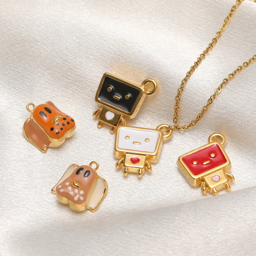 4 Stück Edelstahl-Emaille-Hunde-Roboter-Anhänger für DIY-Kinderschmuck, Cartoon-Ohrringe und Armbänder – Detail 1