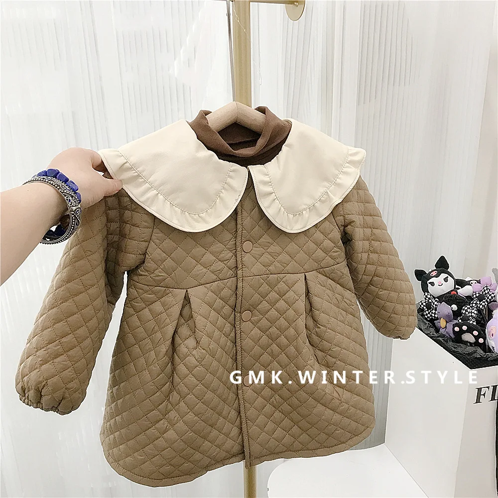 

Down Lapel Collar Cotton Clip Dress Windbreaker Baby Coffee Color Flower Edge Cotton Plush Winter New 2025 Fashion