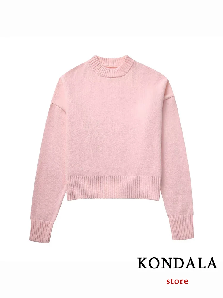 KONDALA Chic Casual Solid Pink Women Knit Sweater O-Neck Long Sleeve Sweetheart Pullover Fashion 2023 Autumn Oversized Basic Top