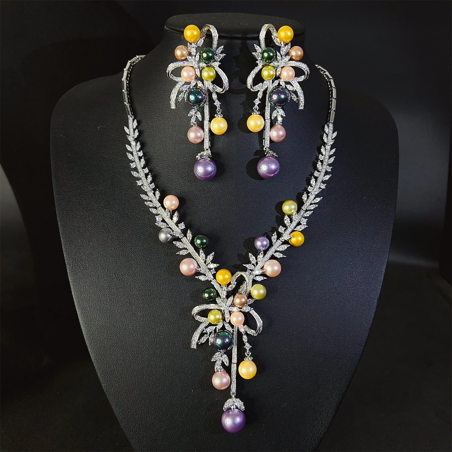 Elegant Firework Shaped 2 Pcs Multi-coloured Pearls Charming Jewellery Necklace Earrings Banquet Gift Wedding Women M-672